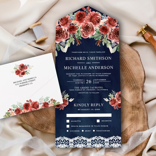 Navy Blue Country Lace Marsala Floral Wedding All In One Invitation