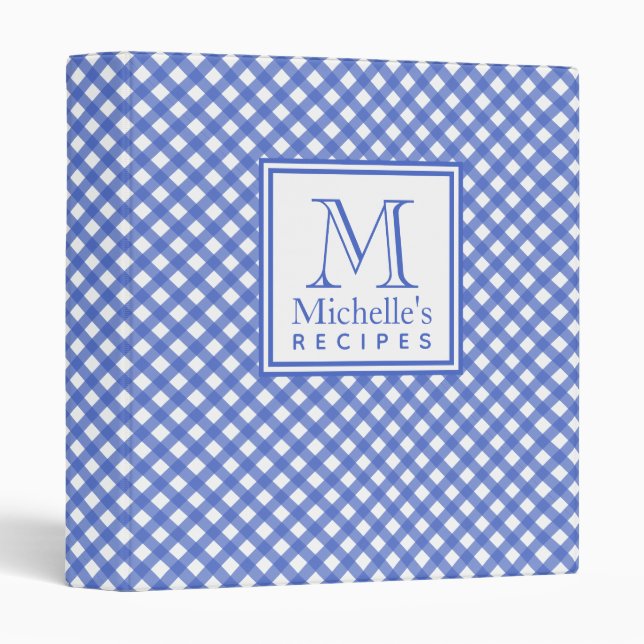 Navy Blue Country Style Gingham Pattern Monogram 3 Ring Binder (Front/Spine)