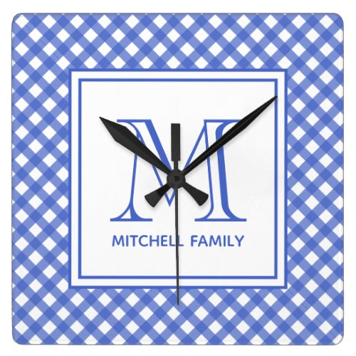 navy Blue Country Style Gingham Pattern Monogram Square Wall Clock