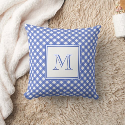 Navy Blue Country Style Gingham Pattern Monogram Throw Pillow