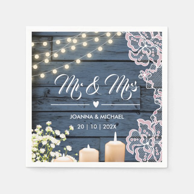 Navy Blue Country Wood String Lights Lace Mr & Mrs Napkins (Front)