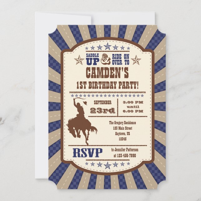 Navy Blue Cowboy Rodeo Birthday Party Invitation (Front)