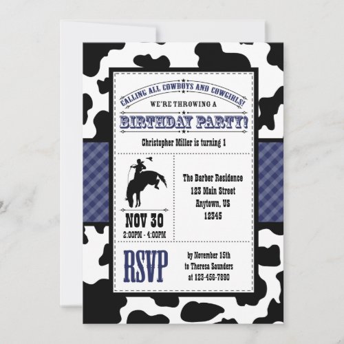 Navy Blue Cowhide Cowboy Birthday Invitation