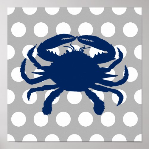 Navy Blue Crab Gray and White Polka Dots Poster