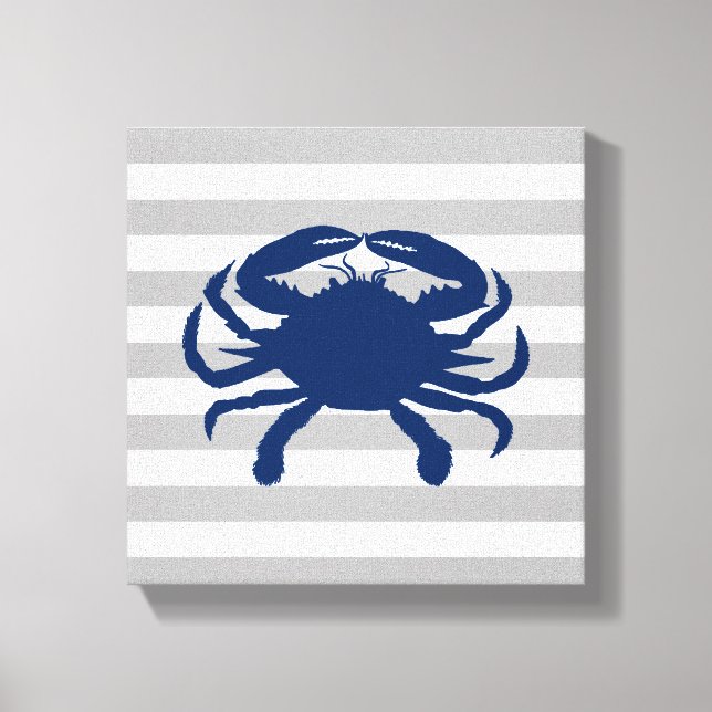 Navy Blue Crab Gray and White Stripes Canvas Print (Front)