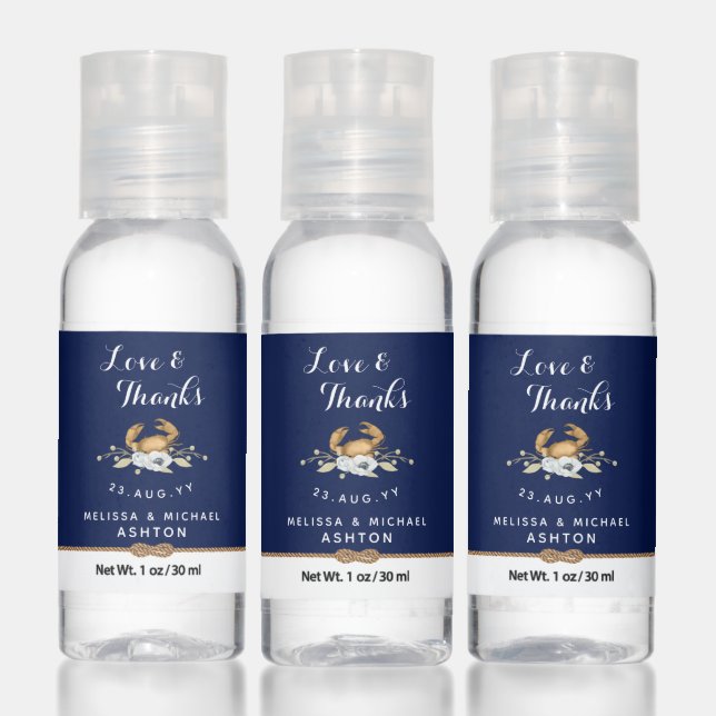 Navy Blue + Crab Love & Thanks Nautical Wedding Hand Sanitizer (Set)