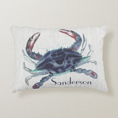 Navy blue crab watercolor nautical  accent pillow