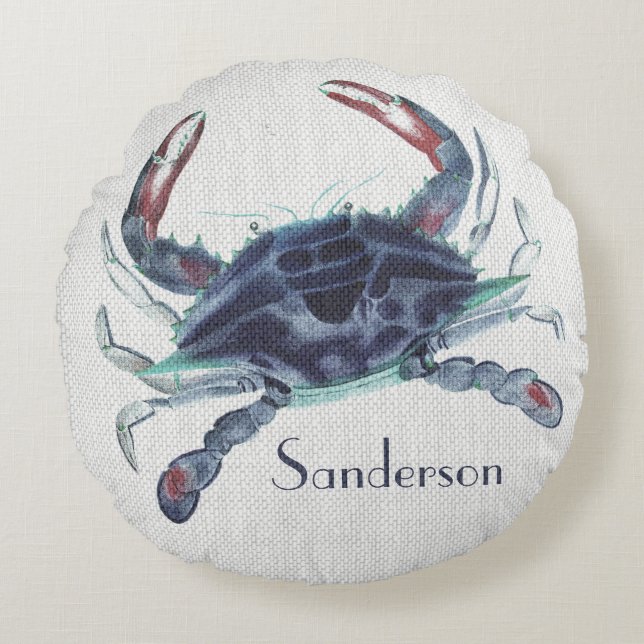 Navy blue crab watercolor nautical coastal  round pillow (Front)