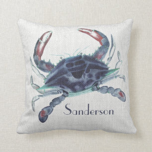 Navy blue crab watercolor nautical coastal throw pillow