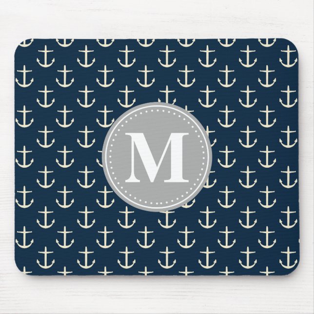 Navy Blue Cream Anchor Pattern Gray Monogram Mouse Pad (Front)