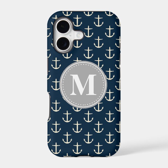 Navy Blue Cream Anchor Pattern Grey Monogram Iphone Case (Back)