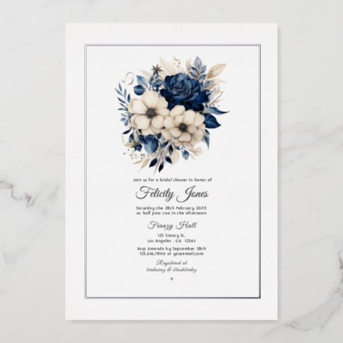 Navy Blue Cream and Silver Floral Bridal Shower Foil Invitation