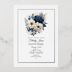 Navy Blue, Cream and Silver Floral Bridal Shower Foil Invitation