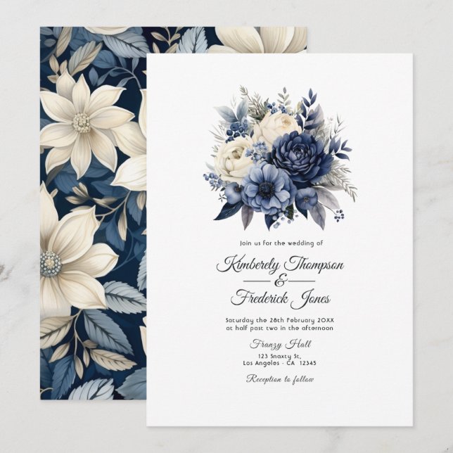 Navy Blue, Cream and Silver Floral Wedding Invitation (Front/Back)