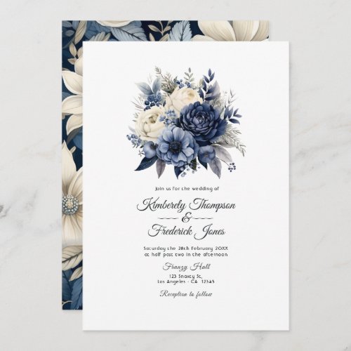 Navy Blue Cream and Silver Floral Wedding Invitation