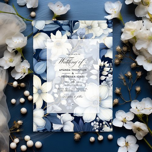 Navy Blue Cream and Silver Floral Wedding Invitation