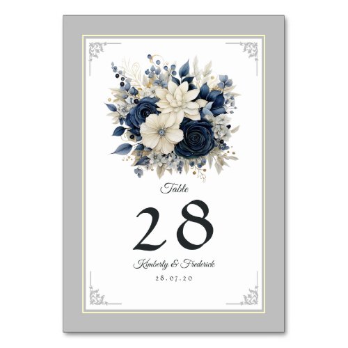 Navy Blue Cream and Silver Floral Wedding Table Number