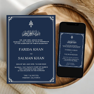 Navy Blue Cream Border Islamic Wedding Invitation