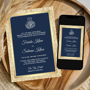 Navy Blue Cream Damask Islamic Muslim Wedding Invitation