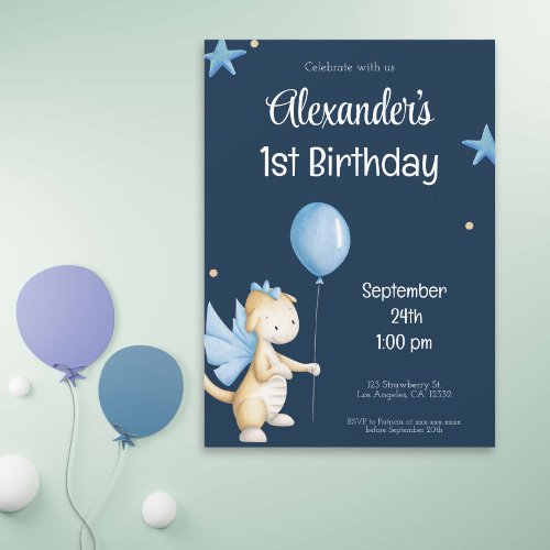 Navy Blue Cream Dragon and Balloon First Birthday Invitation