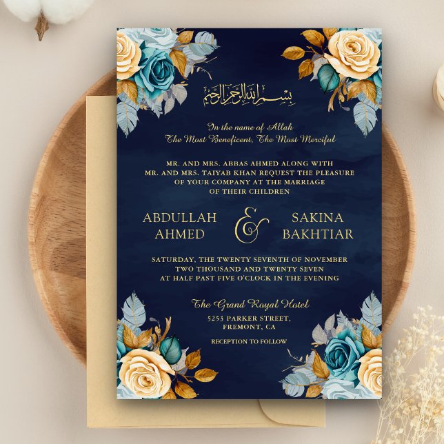 Navy Blue Cream Floral Gold QR Code Muslim Wedding Invitation (Creator Uploaded)