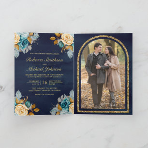 Navy Blue Cream Floral Gold QR Code Photo Wedding Invitation