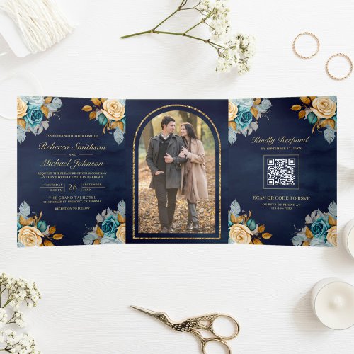 Navy Blue Cream Floral Gold QR Code Photo Wedding Tri_Fold Invitation