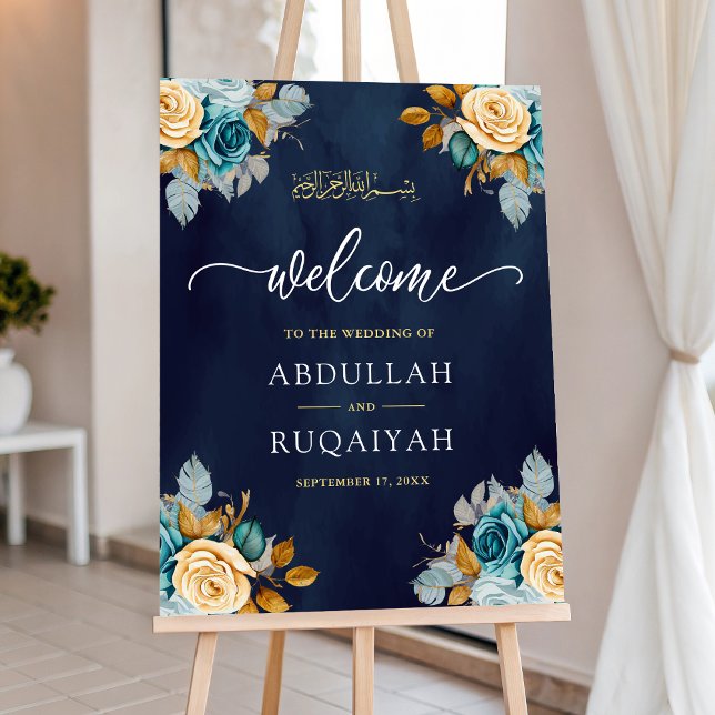 Navy Blue Cream Floral Muslim Wedding Welcome Sign (Creator Uploaded)