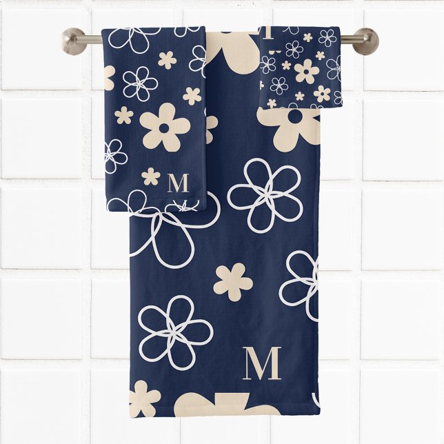 Navy blue cream flower pattern retro bath towel set (Creator Uploaded)