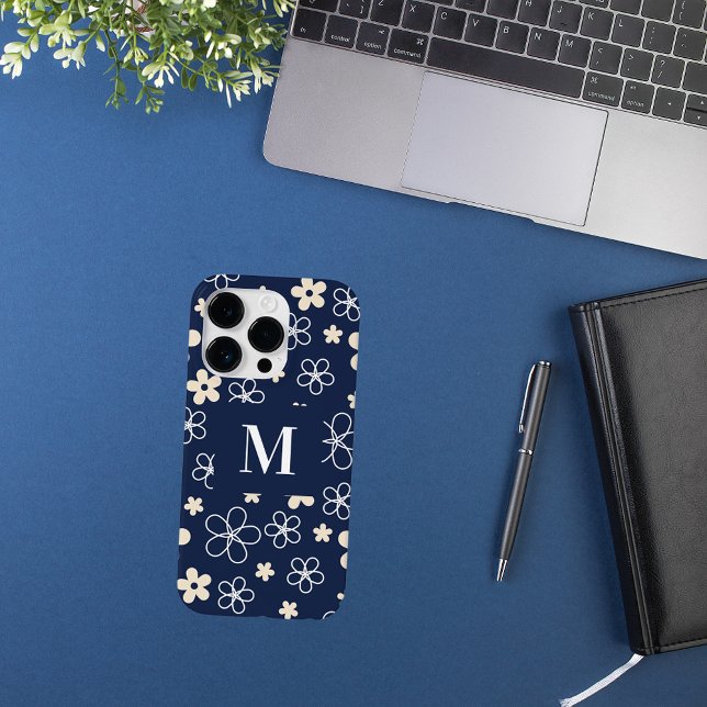 Navy blue cream flower pattern retro Case-Mate iPhone case (Creator Uploaded)
