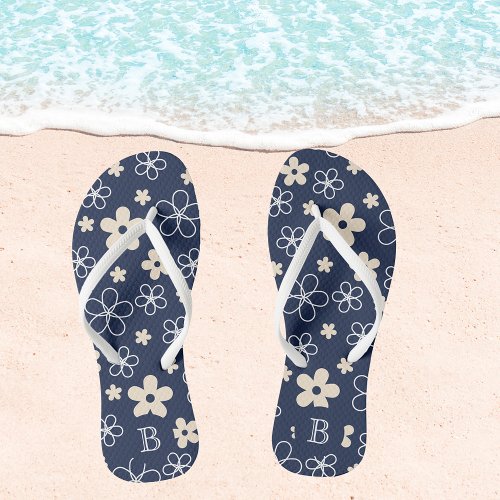 Navy blue cream flower pattern retro flip flops