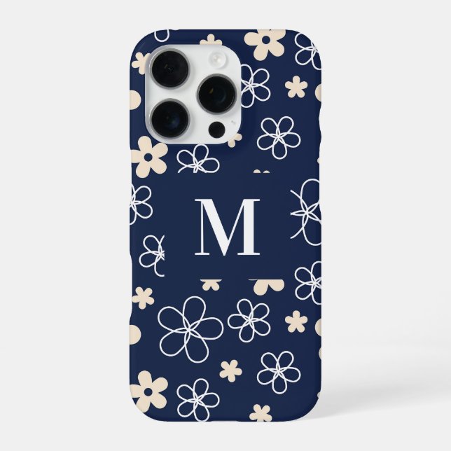 Navy blue cream flower pattern retro iphone case (Back)