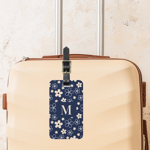 Navy blue cream flower pattern retro luggage tag