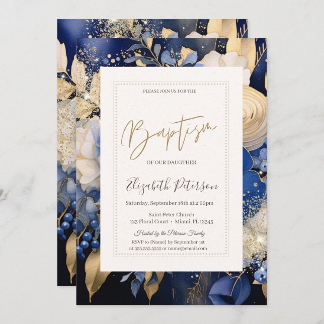 Navy Blue Cream Flowers Baptism Invitation (Front/Back)