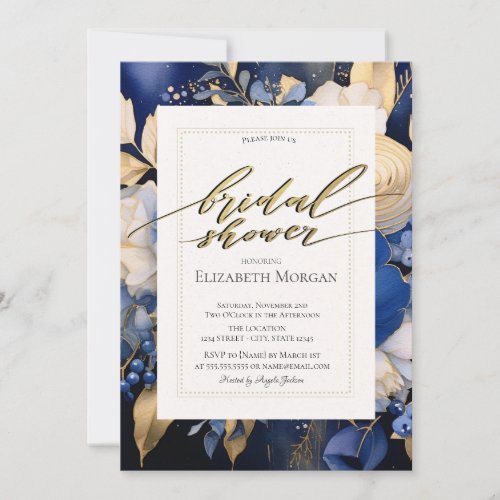 Navy Blue Cream Flowers Bridal Shower  Invitation