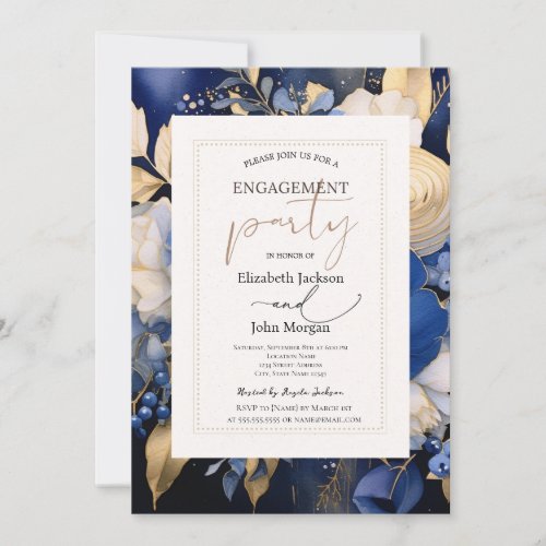 Navy Blue Cream Flowers Engagement Party Invitation