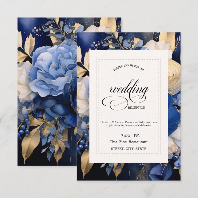 Navy Blue Cream Flowers Rehearsal Dinner   Invitation (Front/Back)