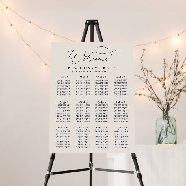 Navy Blue & Cream Minimalist Seating Chart Foam Board (In Situ (Stand))