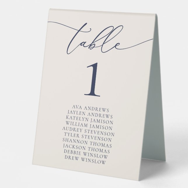 Navy Blue Cream Minimalist Wedding Table Number Tent (Front)