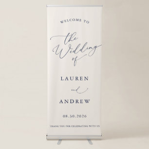 Navy Blue Cream Minimalist Welcome to Our Wedding Retractable Banner