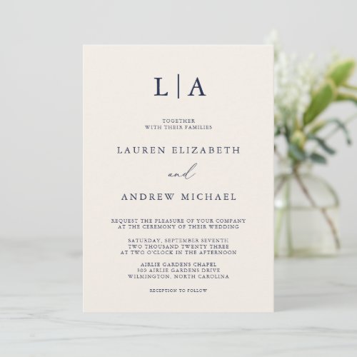 Navy Blue Cream Monogram Simple Minimalist Wedding Invitation