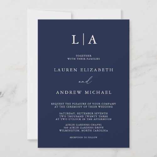 Navy Blue Cream Monogram Simple Minimalist Wedding Invitation