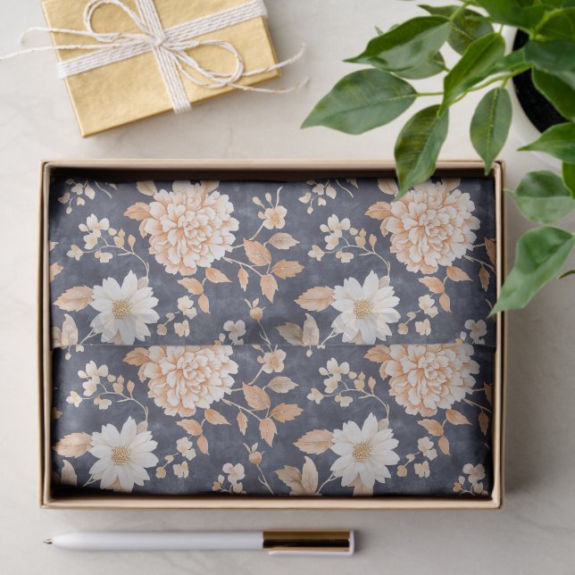 Navy Blue Cream Peach Floral Birthday Tissue Paper (Gift)