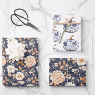 Navy Blue Cream Peach Floral Pumpkins Birthday Wrapping Paper Sheets