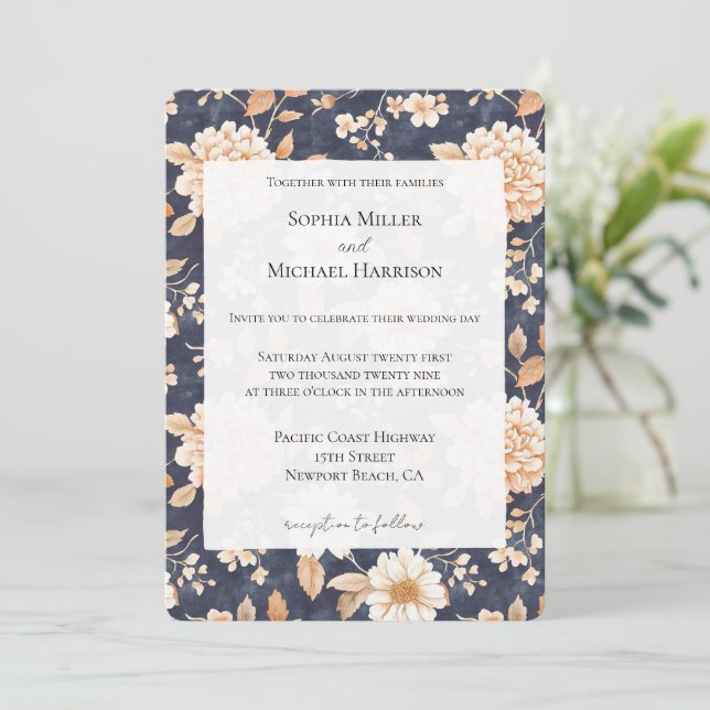 Navy Blue Cream Peach Floral Wedding Invitation (Standing Front)