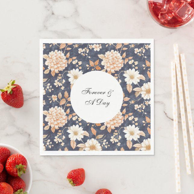 Navy Blue Cream Peach Floral Wedding Napkins (Insitu)