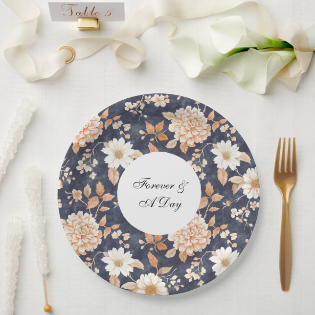 Navy Blue Cream Peach Floral Wedding Paper Plates (Wedding)