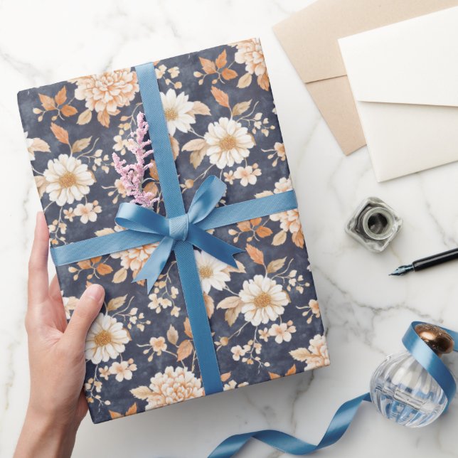 Navy Blue Cream Peach Floral Wrapping Paper (Gifting)