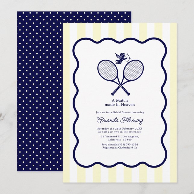 Navy Blue & Cream Preppy Tennis Bridal Shower Invitation (Front/Back)