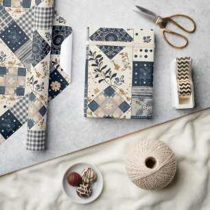 Navy Blue Cream Quilt Gingham Cottagecore Floral Wrapping Paper